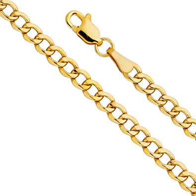 14k Yellow Gold Hollow Men's 3mm Cuban Curb Chain Necklace with Lobster Claw Clasp