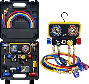 BACOENG AC R1234YF Gauge Set, Automotive 4 Way R1234yf Refrigerant Recharge Kit, R134A AC Manifold Gauge Set with 5FT Hoses for Car Charging and Evacuation