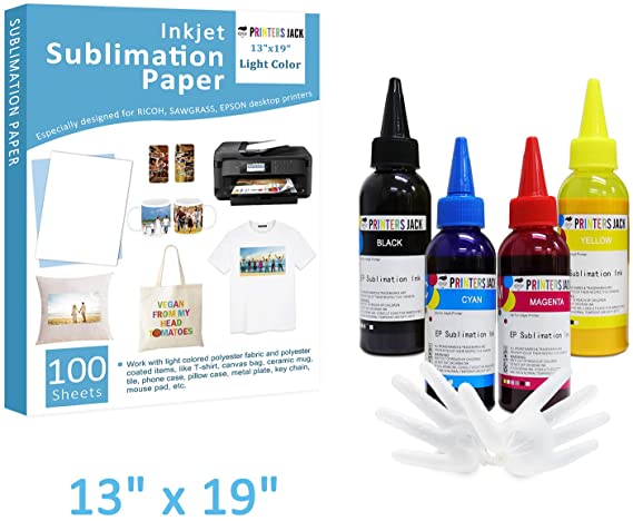 Printers Jack Sublimation Paper 13x19 100 Sheets and Sublimation Ink 4 colors 400ml