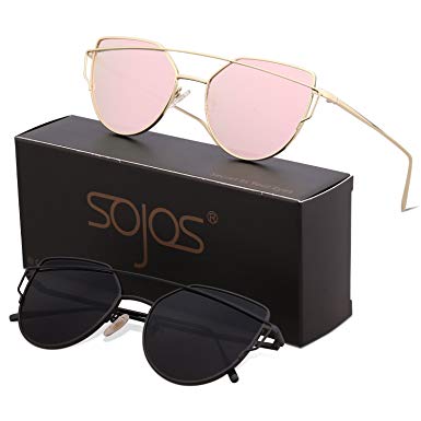 SojoS Cat Eye Mirrored Flat Lenses Street Fashion Metal Frame Women Sunglasses SJ1001