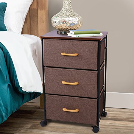 Lifewit Modern Night Stand Rolling End Table 3 Drawers Heavy Duty Bedside Storage Cabinet for Books, Personal items, Brown