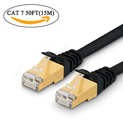 Cat 7 Ethernet Cable 50 ft Black - 10GB Fastest Shielded RJ45 Computer Internet Network Cable - Flat Patch Cable for Modem Router LAN