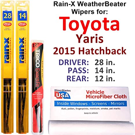 Rain-X WeatherBeater Wipers for 2015 Toyota Yaris Hatchback Set w/Rear Rain-X WeatherBeater Conventional Blades Wipers Set Bundled with MicroFiber Interior Car Cloth