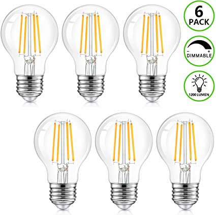 LED A19 Dimmable Light Bulbs 100W Equivalent, 1200LM, 8W Vintage E26 Edison Bulbs 2700K Warm White, Clear Glass, Retro Filament Style for Home, Cafe, Bar Decor, 6-Pack