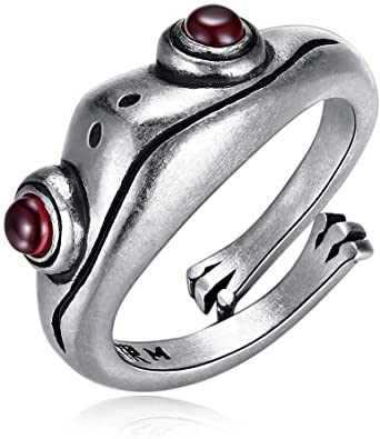 Mega Pet 925 Sterling Silver Frog Open Finger Rings Adjustable Size 6 to13 Red Eyes Frog Animal Open Rings for Vintage Fashion Jewelry Gifts