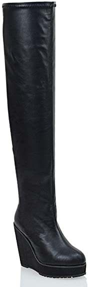 ESSEX GLAM Womens Synthetic Stretch Over The Knee Thigh High Platform Wedge Heel Boots