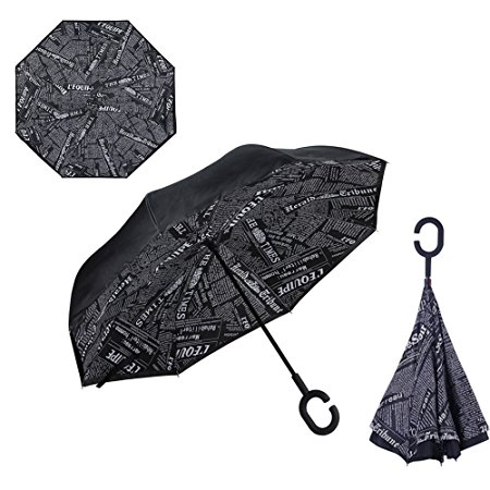 BTclassics Windproof Reverse Folding Double Layer Inverted Chuva Umbrella Self Stand Inside Out Rain Protection C-Hook Hands For Car