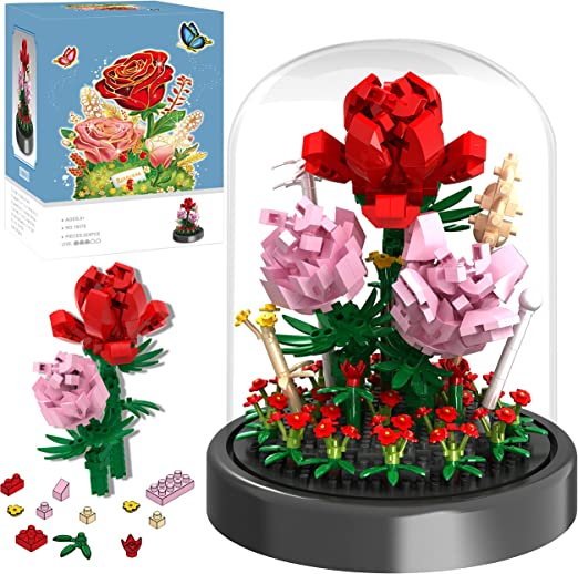 QIFUN Flower Bouquet Building Kit, 524 Pcs Mini Bricks Flower Bouquet Building Blocks Sets, Forever Rose Decorated Flower with Dust Cover, Mothers Day Mom Gifts for Mother Her Lover Women