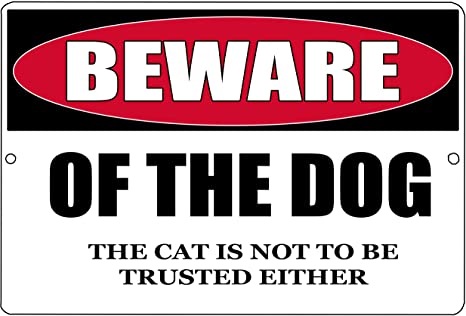 Rogue River Tactical Funny Beware of The Dog and Cat Metal Tin Sign Indoor Outdoor Yard Wall Decor Warning Sign