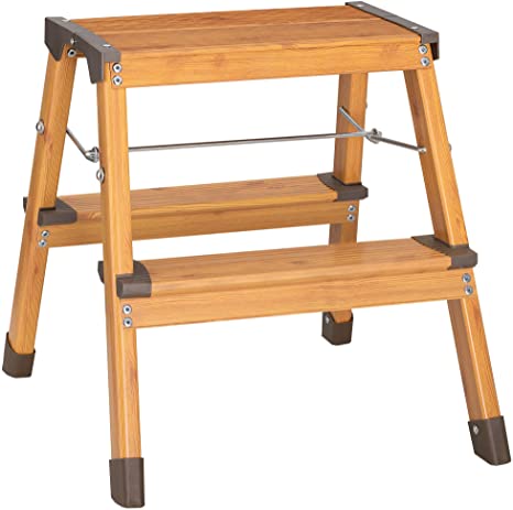 Navaris 2-Step Aluminium Ladder - Lightweight Small Folding Foldable Fold Away Household Step-Ladder for Kitchen w/Wood Finish - 150KG Load Capacity