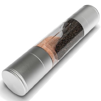 Salt & Pepper Grinder Set - 2 in 1 Combo Stainless Steel Mill - Dual Action Adjustable Tool Built to Last