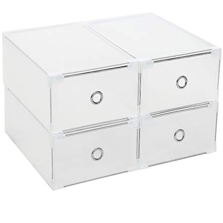 C&AHOME DIY Stackable Shoe Box Clear Plastic Storage Box Foldable Shoe Container Closet Organizer,4 Pack
