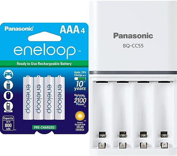 Panasonic BK-4MCCA4BA Eneloop AAA 2100 Cycle Ni-MH Pre-Charged Rechargeable Batteries, White - Pack of 4 & eneloop Individual Battery 3 Hour Quick Charger with 4 LED Charge Indicator Lights, White