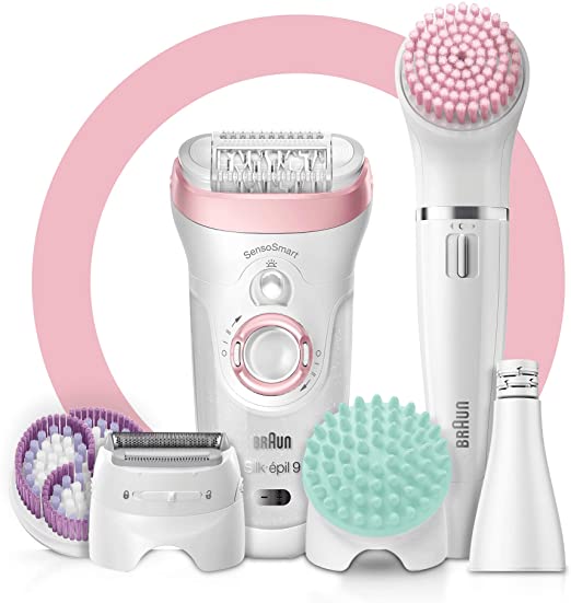 Braun Silk-épil Beauty Set 9 9-985 Deluxe 7-in-1 Cordless Wet and Dry Hair Removal - Epilator Shaver Exfoliator Cleansing Kit for Face and Body White/Pink, 2 Pin Plug