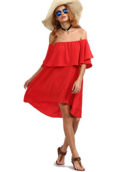 Romwe Womens Off The Shoulder Ruffle Casual Loose Shift Dress