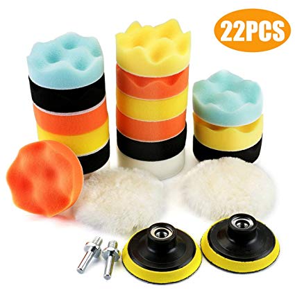 MATCC 22Pcs Polishing Pads Sponge and Woolen Polishing Waxing Buffing Pad Kits with M10 Drill Adapter(3 Inch)