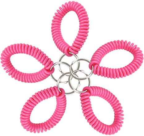 Lucky Line 2” Diameter Spiral Wrist Coil with Steel Key Ring, Flexible Wrist Band Key Chain Bracelet, Stretches to 12”, Neon Pink, 5 Pack (4106605)