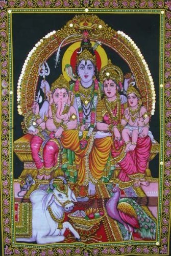 God of Wisdom & Wealth Ganesh / Ganesha / Shiva Family Tapestry 30 x 43" India