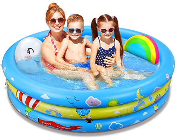 Kiddie Pool, 3 Rings Round Inflatable Swimming Pool for Kids with 2 Inflatable Toys Baby Toddlers Adults Summer Blow Up Paddling Pool Children Family Backyard Indoor Outdoor Party