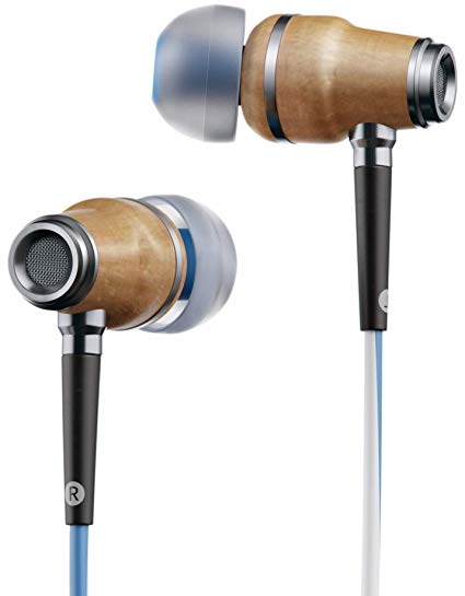 Symphonized NRG X Premium Genuine Wood Earbuds, in-Ear Noise-Isolating Headphones, Earphones with Angle-Fit Ear Tips, in-line Microphone and Volume Control, Stereo Earphones (Blue&White)
