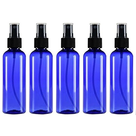 Empty Plastic Spray Bottle 100ML - 5 Piece 3.4oz Fine Mist Sprayer by Auger - Reusable Dark Colored Bottles for Essential Oil, Aromatherapy, Cleaning Products, Travel and Any Purpose