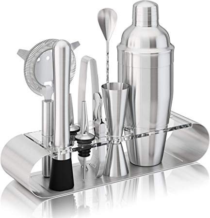 The Complete Bartender Kit | 11 Piece Cocktail Shaker Set with Stand | Great To Make Martini, Margarita, Mojito or Any Alcohol or Liquor Drink | Impressive Set For Special Gift! (Stainless Steel)