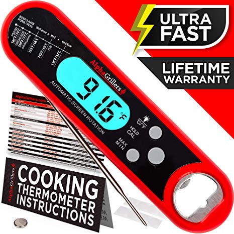 Alpha Grillers Instant Read Meat Thermometer for Grill and Cooking. Best Ultra Fast Waterproof Digital Kitchen Food Probe with Backlight & Calibration. Internal BBQ Grilling Temperature Guide Included