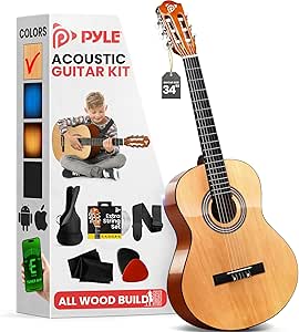 Pyle Beginner Acoustic Guitar Kit, 1/2 Junior Size All Wood Instrument for Kids, Adults, 34" Natural Gloss