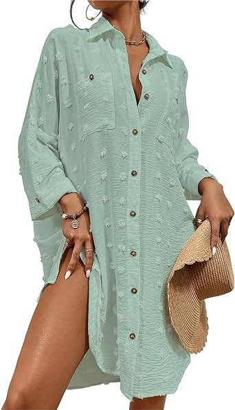 Bsubseach Women Swimsuit Coverup Blouse Button Down Shirt Dresses Swiss Dot Tops