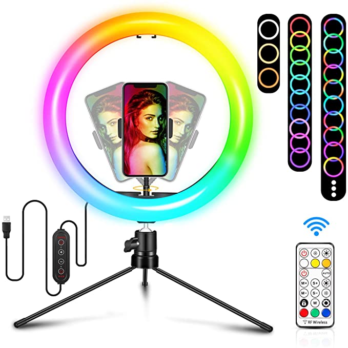10.2" Selfie Ring Light with Tripod Stand Dimmable RGB Ringlight with Phone Holder 29 Colors Changing, Speed Adjustable Live Streaming, Photography Makeup Selfie LED Lights Ring for iPhone Android