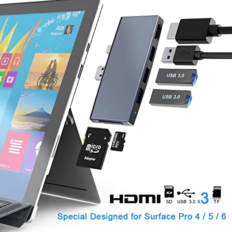 Surface Pro 6 5 4 USB 3.0 Hub/Docking Station, Takya USB 3.0x3 Hub Adapter, SD & TF/Micro SD Memory Card Reader, Mini DP to 4K HDMI Special Design for Microsoft Surface Pro 6th/ 5th/ 4th Gen
