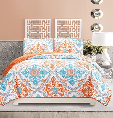 3-Piece Fine Printed Quilt Set Reversible Bedspread Coverlet Full Size Bed Cover (Turquoise, Blue, White, Grey, Orange)