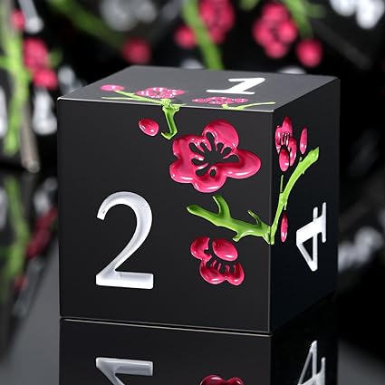 Metal Dice Set D&D, DNDND 7 PCS Flower Metallic DND Dice Set with Grogeous Gift Case for Dungeons and Dragon Tabletop Game (Matte Black with Pink Flower)