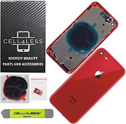 CELL4LESS Back Housing Assembly Metal Frame w/Back Glass - Wireless Charging pad - Sim Card Tray, Camera Frame and Lens for iPhone 8 (Red)