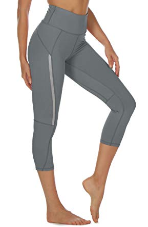 icyzone Women's Workout Capri Leggings Fitted Stretch Tights with Zip Pocket