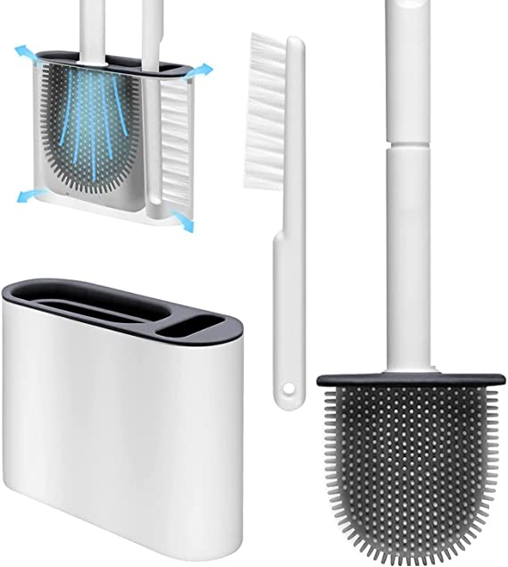 Silicone Flex Toilet Brush, with 2 Clean Brushes, Toilet Cleaning System, Wall Toilet Wand No-Slip Long Handle Soft Silicone Bristle Clean Toilet Corner Easily