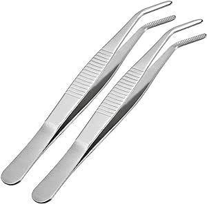 uxcell 2 Pcs 5-Inch Stainless Steel Tweezers with Curved Serrated Tip