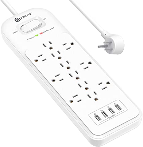 iClever Power Strip Surge Protector (3 Line 4200J) 12 Outlets (1875W/15A) & 4 USB Ports with Flat Plug, 6.6 ft Heavy Duty Extension Cord for Home, Office and More