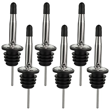 Marrywindix 6 Pack Stainless Steel Liquor Free Flow Vented Pourers Spouts with Tapered Rubber Dust Caps for Wine, Olive Oil, Cocktail and Spirit