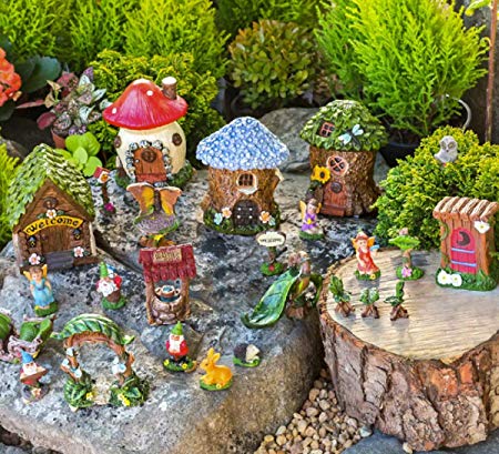 Mini Fairy Garden Kit Miniature Houses and Figurines Outdoor Village Scene for Collectors, Girls and Boys - Gardening Decorations with Slide, Arbor, Gnomes, Fairies, Signs, Animals, 25 Pieces