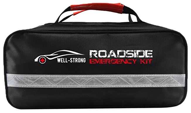WELL-STRONG Roadside 66 Pcs Multipurpose Emergency Car First Aid Kit Auto Assistance Contains Jumper Cables, Tow Rope, Bandage, Safety Vest, etc, All Ultimate Supplies in One Pack