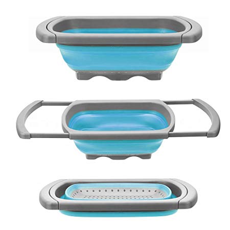 Glotoch Kitchen Collapsible Colander, Over The Sink Strainer With Steady Base For Standing, 6-quart Capacity, Dishwasher-Safe，BPA Free (Blue&Grey)