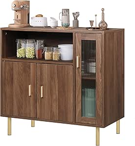 LAZZO Storage Cabinet Credenza Sideboard Buffet Cabinet with Glass Doors Free Standing Accent Entry Cabinet Coffee Bar Cabinet for Living Room, Hallway, Kitchen and Dining Room Brown