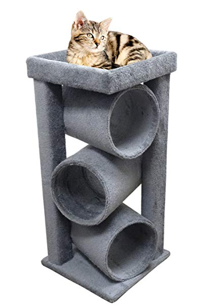 CozyCatFurniture 44 inches Wooden Cat Tree for Big Cats with 3 Large Cat Play Tunnels, Made in USA, Extra Large Sleeping Bed, Gray Carpet