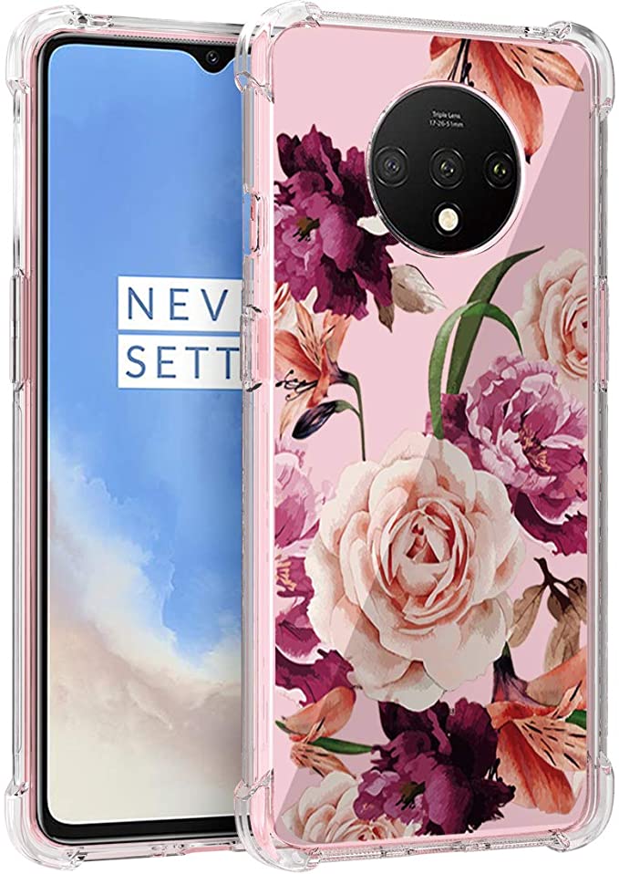 Osophter for Oneplus 7T Case Floral, Flower Case Girls Shock-Absorption Flexible Cell Phone Soft Silicone Full-Body Protective Cover for OnePlus 7T (Purple Flower)