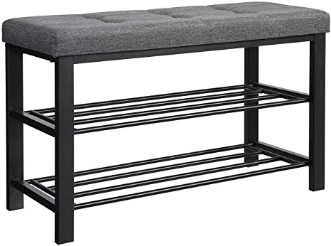 SONGMICS Shoe Bench, 3-Tier Shoe Rack for Entryway, Storage Organizer with Foam Padded Seat, Linen, Metal Frame, for Living Room, Hallway, 31.9 x 12.2 x 19.3 Inches, Dark Gray ULBS57GYZ