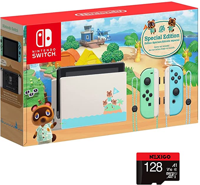 Nintendo 2021 Switch Console Family Holiday Bundle - Animal Crossing, 6.2" Touchscreen LCD Display, Bluetooth   NexiGo_ 128GB MicroSD Card Bundle