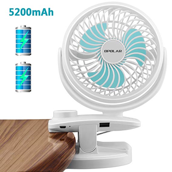 OPOLAR Clip Fan, 5200mAh Battery Operated USB Fan, Power Bank Function, Strong Grip, Clip and Desk Fan 2 in 1, Perfect Personal Rechargeable Fan for Baby Stroller, Crib, Treadmill, Camping, Outdoor