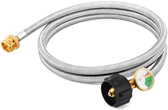 Kohree 6 FT Propane Adapter Hose with Gauge, 1lb to 20lb Stainless Braided Propane Tank Hose Converter for Propane Stove, Tabletop Grill and 1lb Portable Appliance