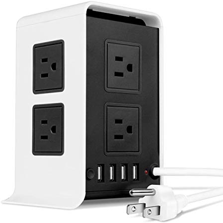 TNP Power Strip Tower Surge Protector with 4 USB Ports 8 AC Outlet, Charging Station Power Supply Multi Socket Plug with 6ft Extension Cord For PC Laptop Smartphone & Electronic Appliances (Black)